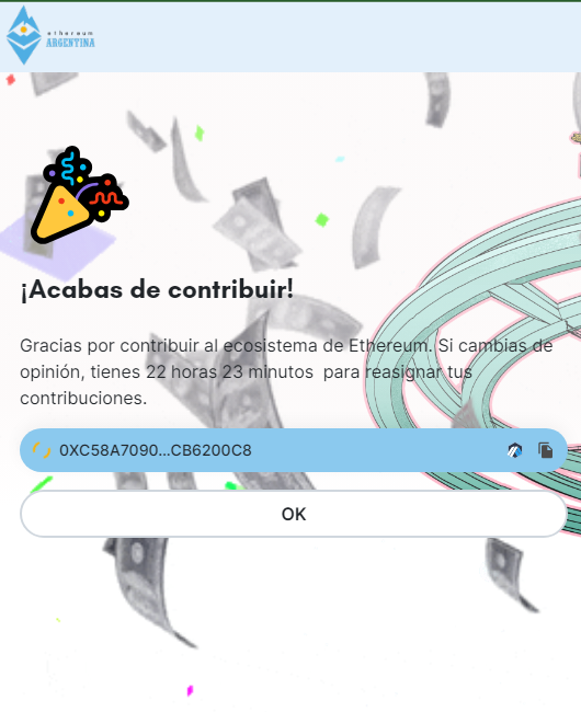 MarianDavo's tweet photo. Acabo de contribuír con la ronda de Quadratic Funding del buildathon de @EtherArgentina. Costo del gas: $ 0,74 en ETH.

Si aún no lo hiciste, tenés tiempo hasta mañana lunes a las 17 hs. de Arg. Te agradezco si incluís a @BondlyApp 🙏

Guía de Donación: https://t.co/IKm5Sr7epj https://t.co/8AVWRt1Kez