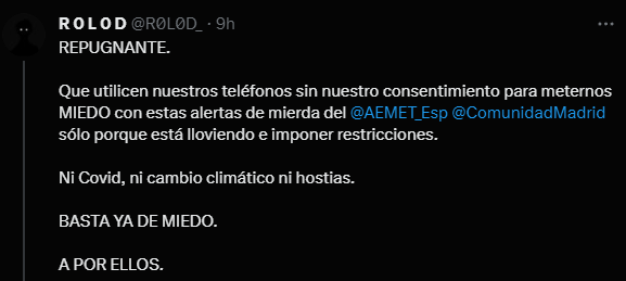 AlxHollow's tweet photo. @R0L0D_ @AEMET_Esp @ComunidadMadrid Lee atentamente lo que has puesto en tu post original. No son restricciones. La propia alerta te dice que no se recomienda el uso del coche si no es imprescindible. El miedo le tienes tu y otra gente, porque no sabeis para que sirven este tipo de alertas. Mi ultima respuesta ✌️ https://t.co/JNXncPkOAS