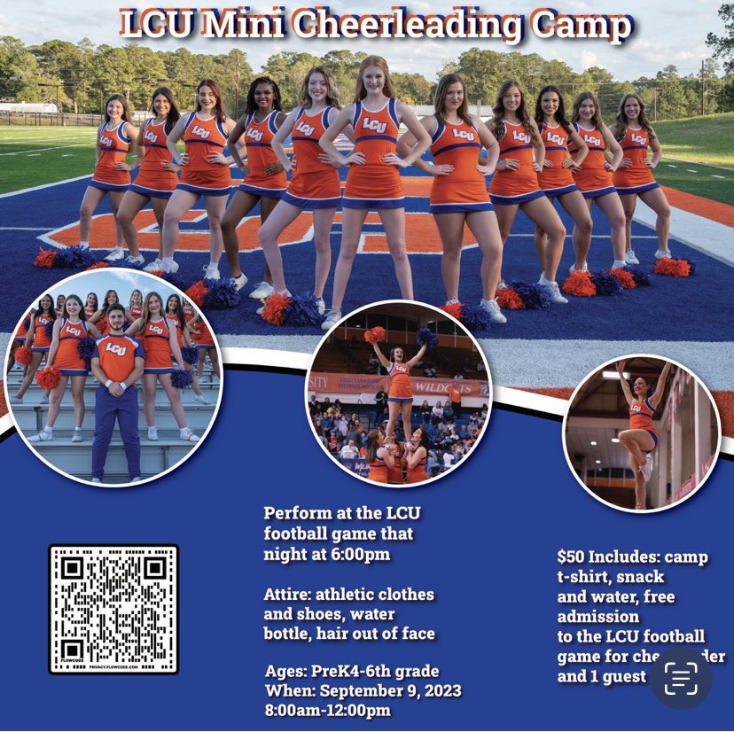 LCU_Cheer's tweet photo. Only 6 days until our LCU Mini Cheer Clinic!! 
Drop off 7:45-8:00 at Granbury Conference Center at LCU! 🧡📣💙 https://t.co/vxmy7cXjpg