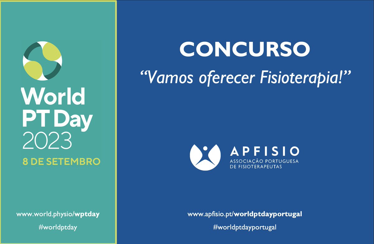 apfisio's tweet photo. 📣CONCURSO APFISIO | “Vamos Oferecer Fisioterapia!”

🎁Neste dia Mundial da Fisioterapia (8 Setembro), vamos oferecer… #FISIOTERAPIA!

👉Saiba como participar em: https://t.co/Xkrcg14Sow

@apfisio #APFISIO #WorldPTDay #WorldPTDay2023 #WorldPTDayPortugal #WorldPTDayPortugal2023 https://t.co/vFxfJMGPHq
