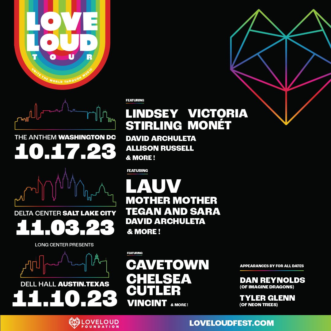 This fall <a href="/LOVELOUDFEST/">LOVELOUD Foundation</a> will be hitting the road and will be having shows in Washington DC on 10/17, Salt Lake City on 11/3, and Austin on 11/10
All 3 shows are on sale now at loveloudfest.com
Get your tix today and help us ignite the vital conversation of what it means to