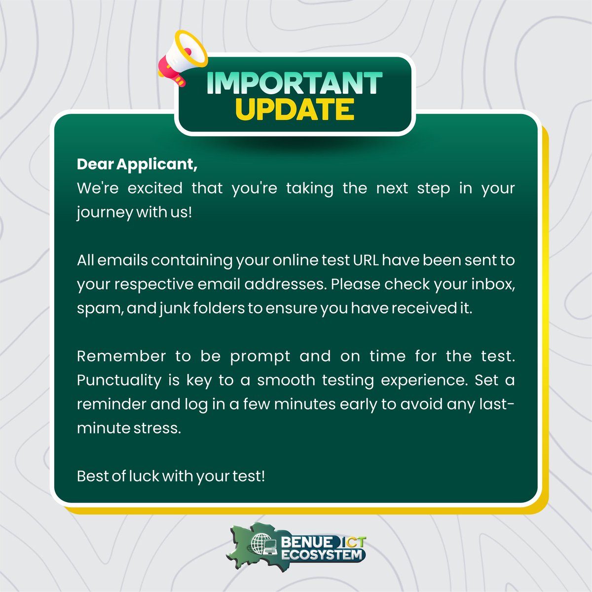 BenueTechSkills's tweet photo. Dear Applicant,

Here's an IMPORTANT UPDATE for you ✍️. https://t.co/WiqPWg7ALr