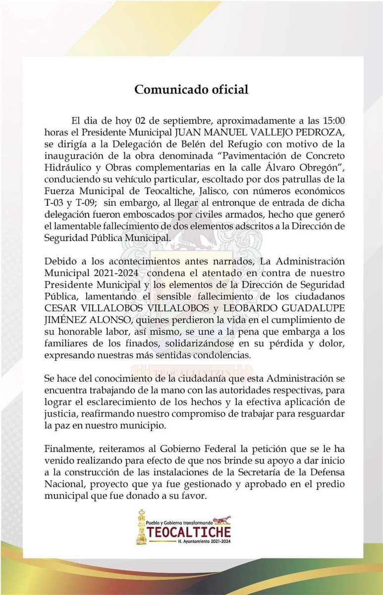 DuyLeon's tweet photo. Comunicado del gobierno de Teocaltiche sobre la muerte de dos elementos de policía https://t.co/gm13ofuQHz