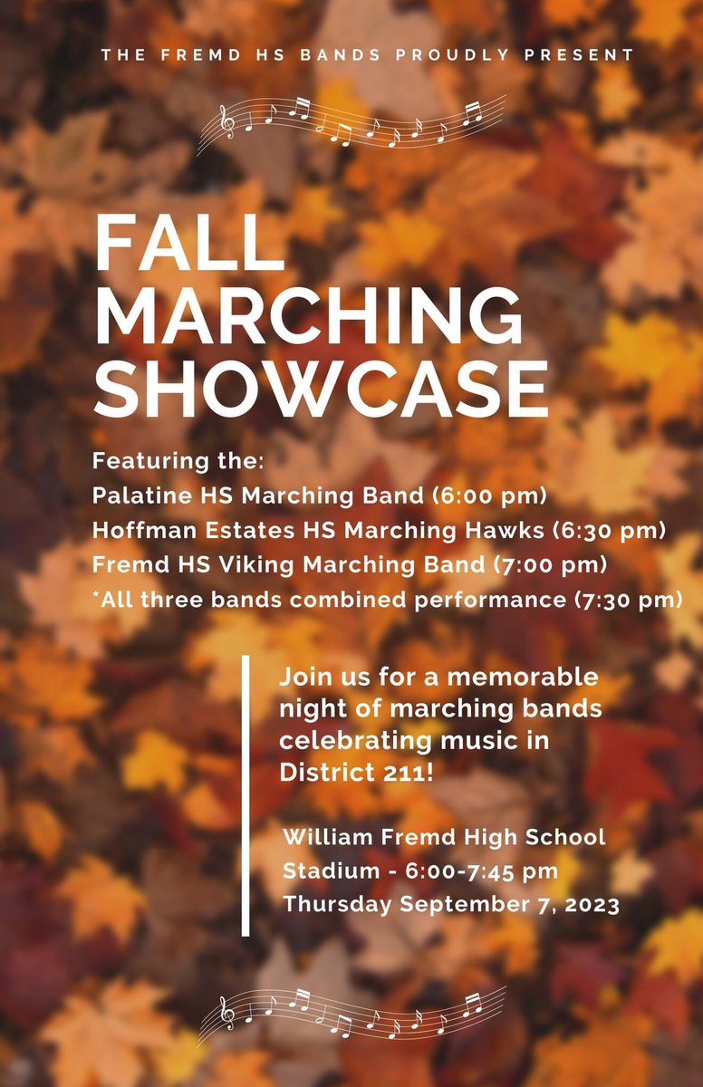 Viking Marching Band (@fremdvmb) on Twitter photo Join us this Thursday (6:00-7:45 pm) for our "Fall Marching Showcase" combined with the Palatine HS Marching Band and Hoffman Estates Marching Hawks. Admission is free and thank you for supporting music in District 211! #FHSspirit #MightyBraveBold <a href="/PalatineHS/">Palatine High School</a> @HEHSHawks Join us this Thursday (6:00-7:45 pm) for our "Fall Marching Showcase" combined with the Palatine HS Marching Band and Hoffman Estates Marching Hawks. Admission is free and thank you for supporting music in District 211! #FHSspirit #MightyBraveBold <a href="/PalatineHS/">Palatine High School</a> @HEHSHawks