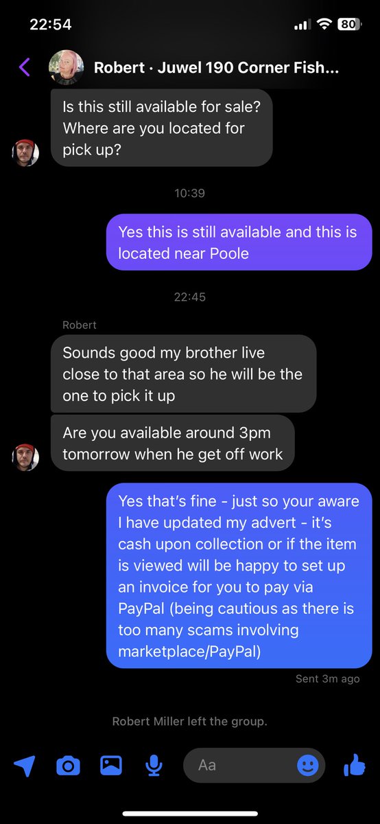 emzward83's tweet photo. Really frustrated by Marketplace - encourages PayPal &amp; so many scams involving PayPal - today 6 ppl have tried 😡 - going back to Gumtree and EBay - less painful to deal with #mustdomore #scammers #noprotection @Meta @facebook @PayPalUK @eBay_UK @Gumtree https://t.co/9iEw9LgZH1