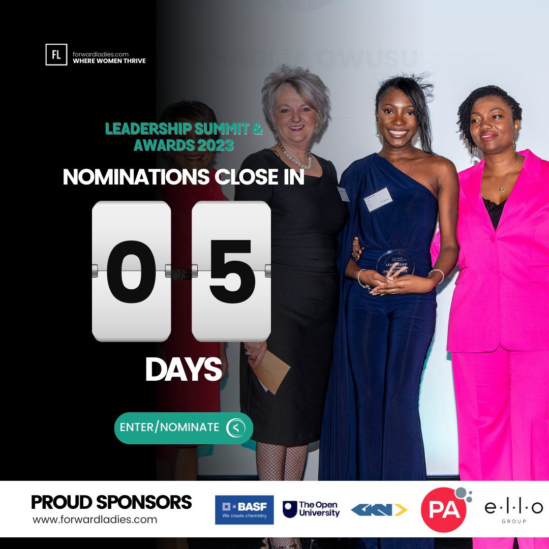Greatness deserves recognition. The countdown to nominate for our awards is almost over!

forwardladies.com/awards-2023/

Thanks to our proud sponsors, <a href="/BASF/">BASF</a>, <a href="/OpenUniversity/">The Open University</a>,  <a href="/GKNAero/">GKN Aerospace</a>,  <a href="/PA_Consulting/">PA Consulting</a>, and 
<a href="/tastecard/">tastecard</a> #FLAwards2023 #BreakingBarriers