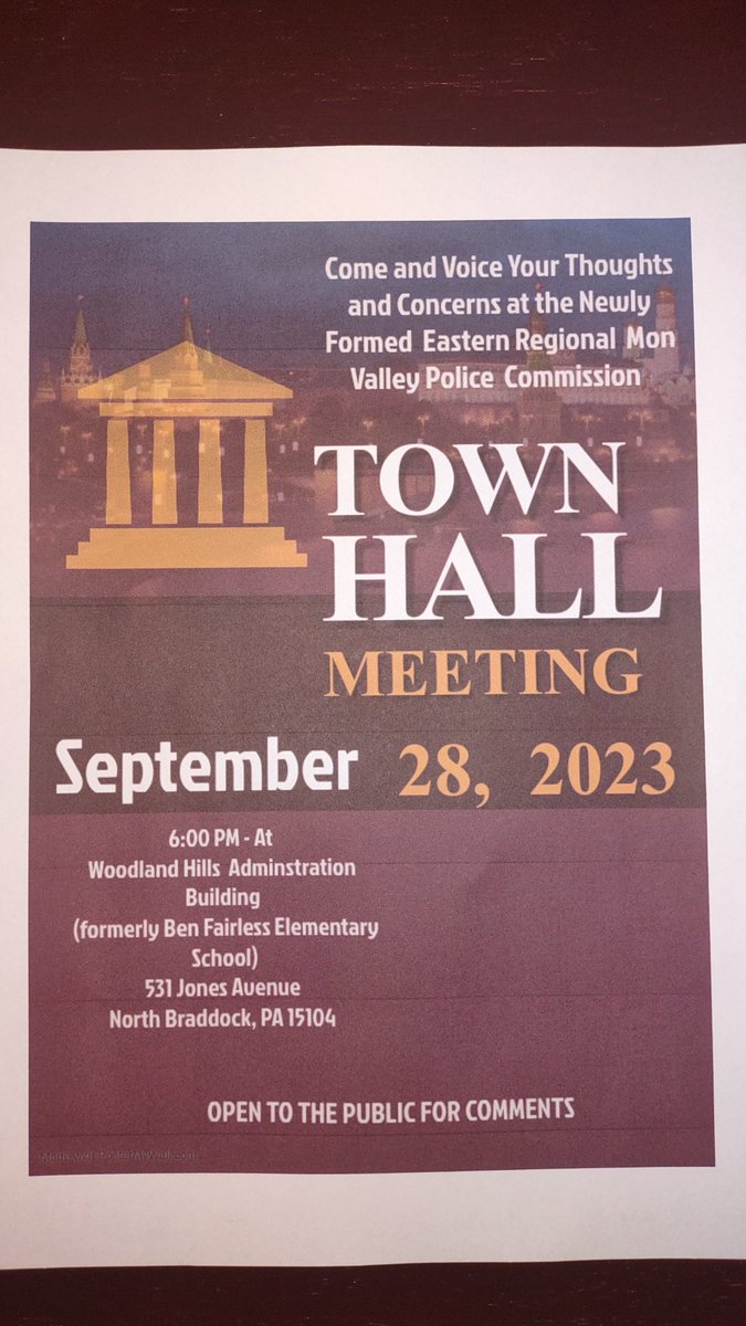 The Eastern Regional Mon Valley Police Commission will host a town hall meeting for community members on September 28 at 6 p.m. at the Woodland Hills Central Administration Building at 531 Jones Avenue in North Braddock.