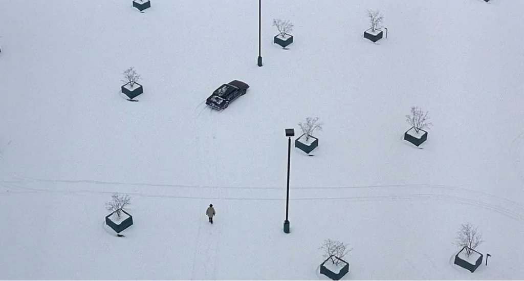 Fargo. a minimalist shot that says everything about Jerry. Small, insignificant, defeated, trudging thru the same footsteps he created. his path set in stone. this one shot should be taught in film schools. bravo, Roger Deakins