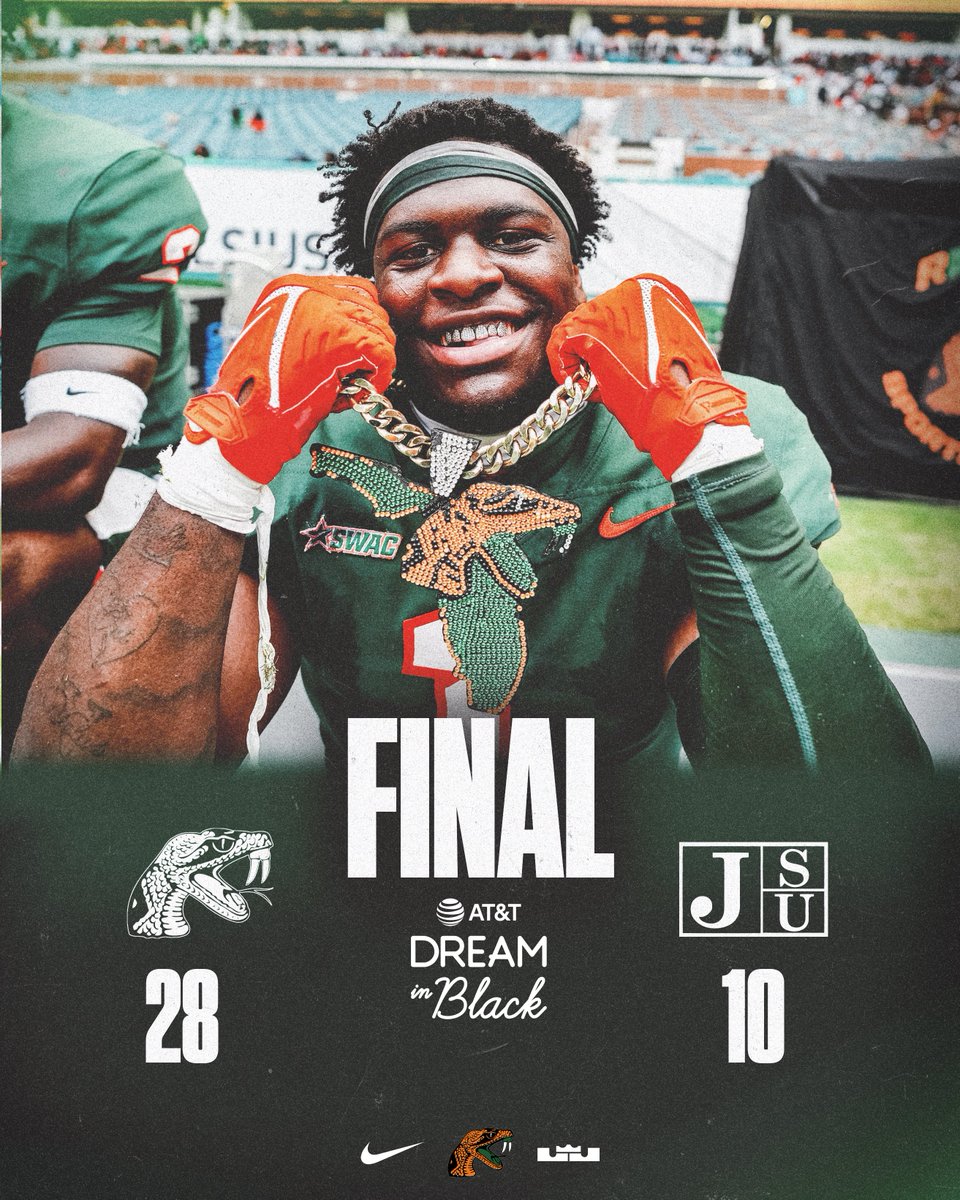 𝗡𝗼𝘄 𝘁𝗵𝗮𝘁’𝘀 𝗣𝗿𝗶𝗺𝗲 𝗧𝗶𝗺𝗲.

FAMU - 28
JSU - 10

#FAMU | #Rattlers | #OurTime