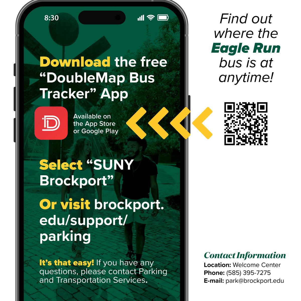 BportParking's tweet photo. 📱 Stay updated on the Eagle Run shuttle's location with the DoubleMap Bus Tracker App. Download now and select "SUNY Brockport" to track your ride in real-time! https://t.co/sb8Esnw7v7 #DoubleMap https://t.co/kBpDZn4yJM