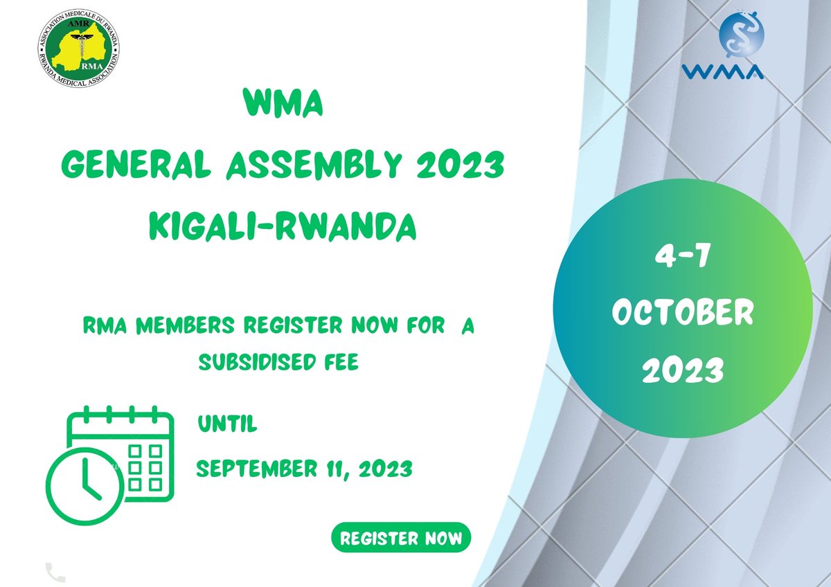 Good news for Rwandan Physicians: Now you can register to attend the historical 74th World Medical Association General Assembly at a subsidized fee until September 11, 2023.  Full event: cvent.me/4b4L4lScientif… session:cvent.me/Akd3DB