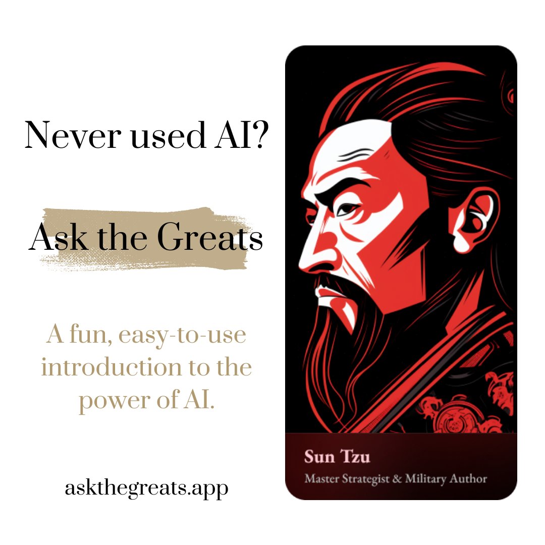 askthegreatsai's tweet photo. We asked Sun Tzu for 3 tips to become CEO as fast as possible...

https://t.co/gdi8mahQEg

#suntzu #artofwar #chatbot #leadership #ambition #networking #mastery #skill #expertise #alliances #leader #connection #philosopher #CEO #ManagingDirector #MD #Chairman https://t.co/FK8UV8zLGJ