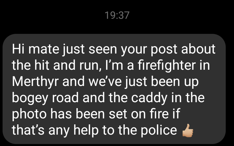 Callumanthony92's tweet photo. @swpolice @SWPMerthyr 

So my car got hit and run, I found the vehicle parked at its home address not 20 minutes later thanks to eyewitnesses, called the police prior to this, the wing mirror is still outside my home off this van, the van was then set a light 3 hours later. https://t.co/RYImL0QFpw