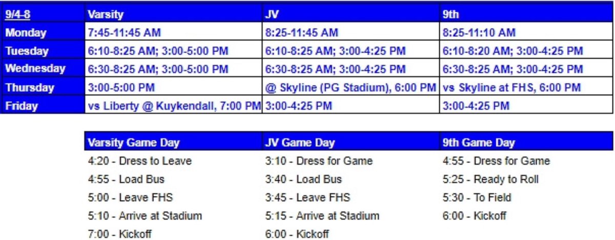 Practice schedule for week of 9-4.