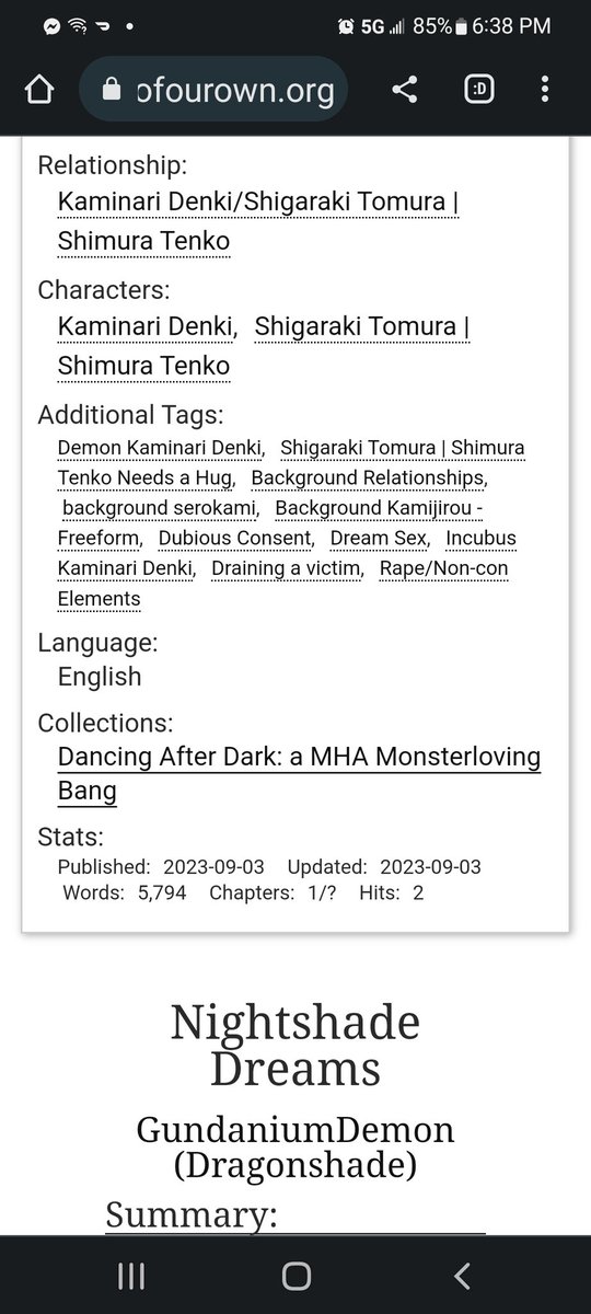 Finally getting to share my piece for <a href="/BNHAMonsterLove/">💙 Dancing After Dark | A BnHA Bang 💙</a>. I got to partner up with artists <a href="/vellichor999/">Vellichor ~Commissions Open~</a> and <a href="/UntimelyRose/">UntimelyRose- Comms Open 🌹</a>, who drew  breathtakingly beautiful pieces to go with it. 
I hope you enjoy!

Tw: Noncon/Dubcon, alt-anatomy
archiveofourown.org/works/49841581…
#ShigarakiTomura #Denki