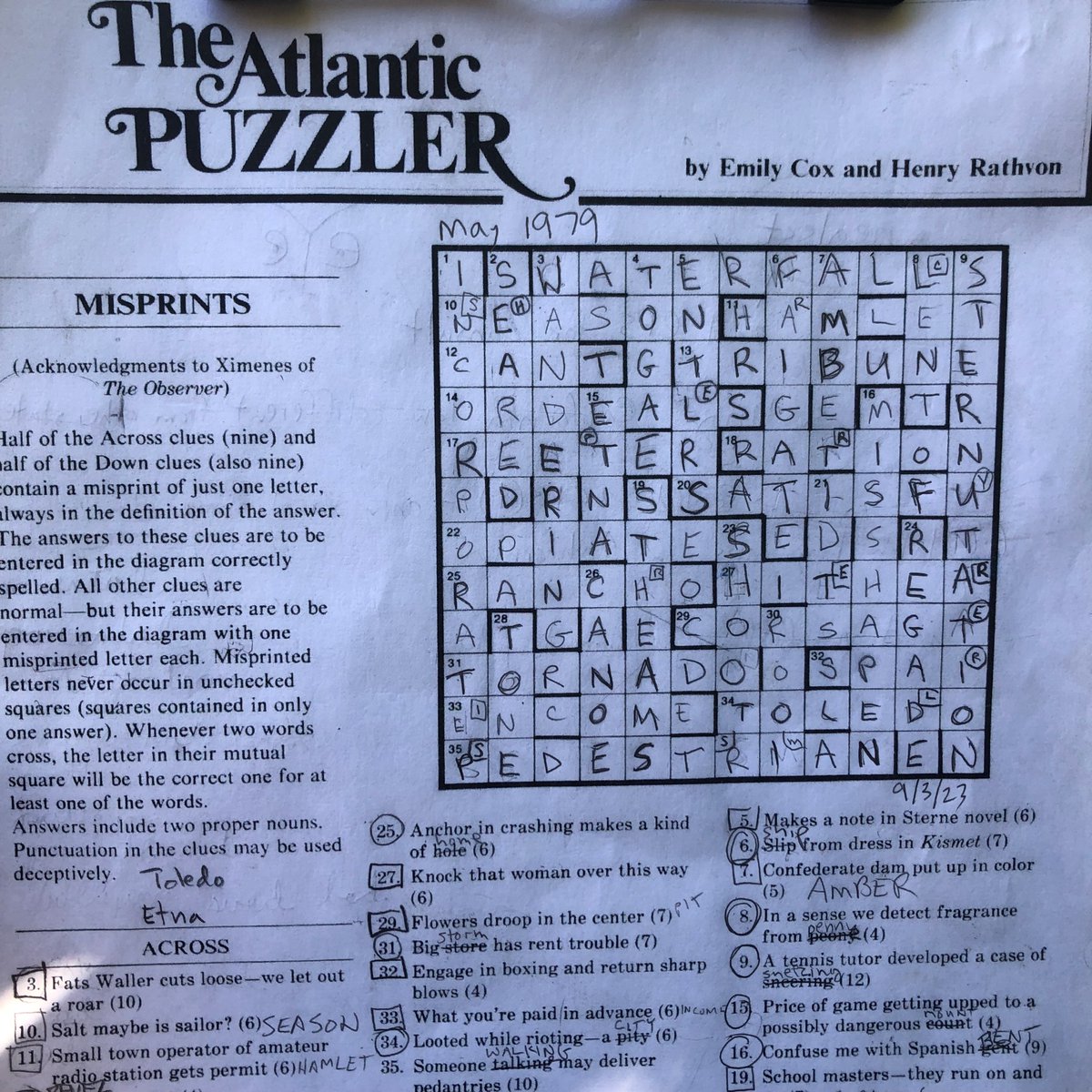 aranworld's tweet photo. @TheAtlantic Puzzler from May 1979 by Emily Cox &amp; Henry Rathvon. I am doing them all in order starting with 10/1977. “Misprints” is BY FAR the hardest one so far. https://t.co/Cr0EDMRB9d