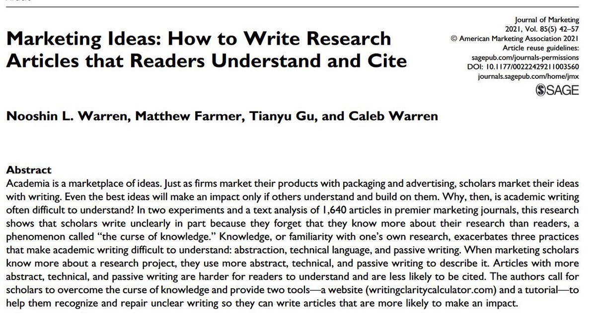 “The curse of knowledge:” the more you know, the worse you write.

We tend to write more abstractly, passively &amp; technically when writing about topics we know well, and don't notice it. This lower comprehension &amp; citation counts.

Appendix B has good tips: journals.sagepub.com/doi/suppl/10.1…