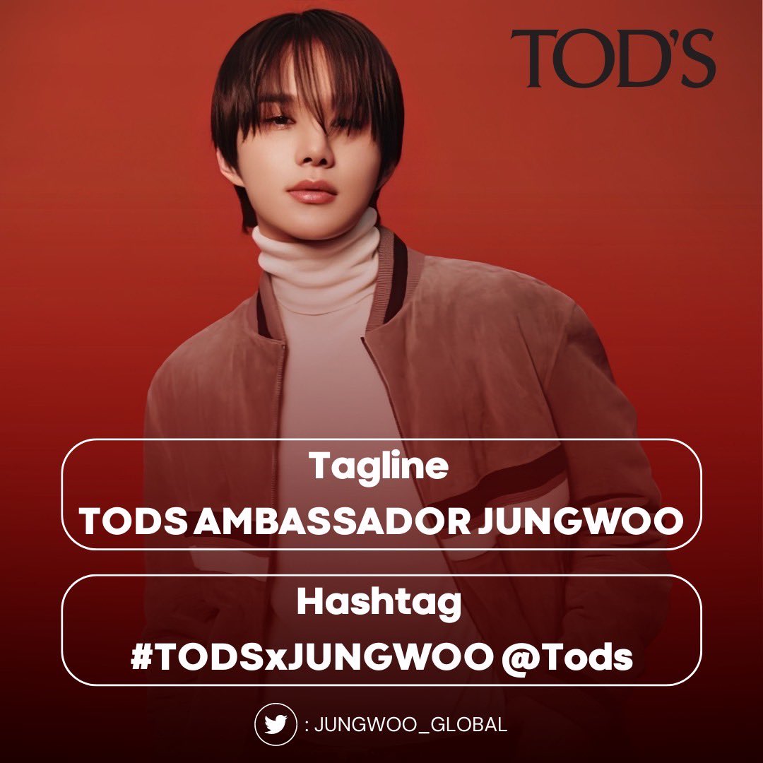 📢 Hashtag event #️⃣ TODS AMBASSADOR JUNGWOO #️⃣TODSxJUNGWOO @/Tods ⏰ 08:00 PM (KST) Let's congratulations with NEW BA of Tod's! #NCT #NCT정우 #정우 #JUNGWOO @NCTsmtown