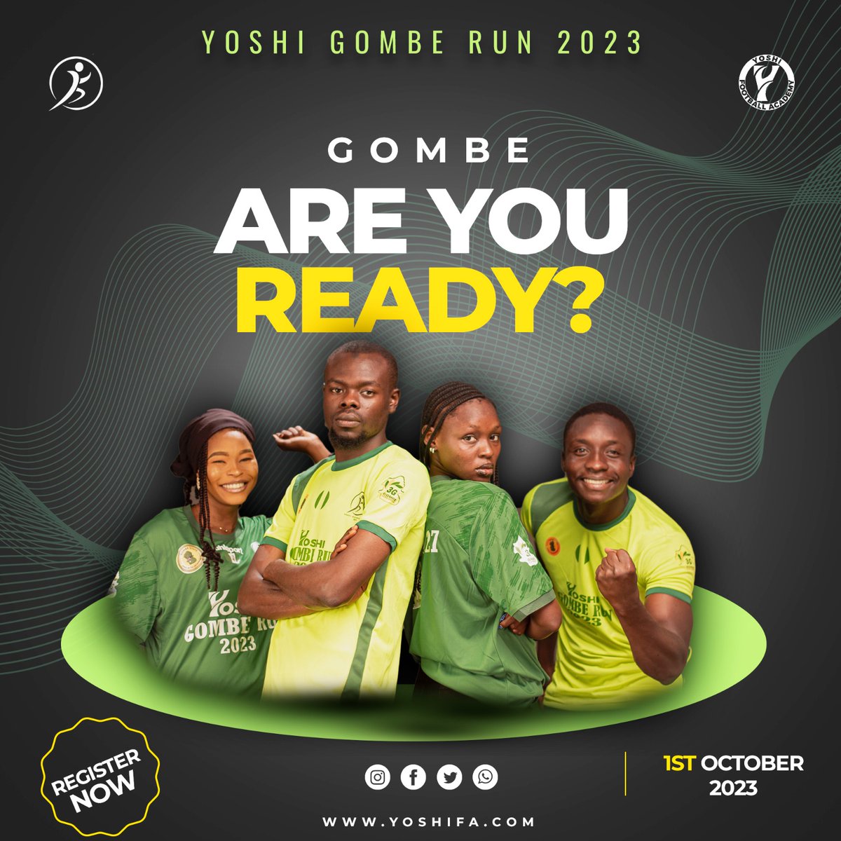 Embrace the thrill of Yoshi Gombe Run 2023!
Gombawa, it's time to put your running shoes on and conquer new horizons. Join us for a free run that is filled with camaraderie and achievement.

#GombeRun2023 #Gombawa #Gombe #gombestate #gombefacebookconnect #funrun