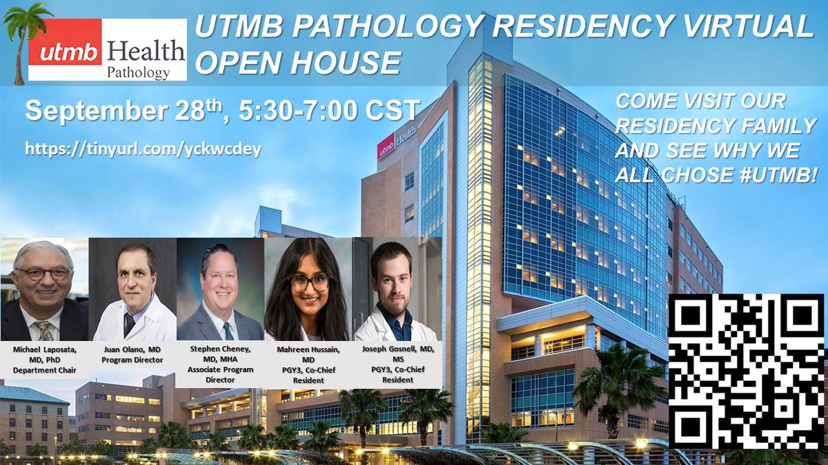 Here’s another opportunity to learn more about our exciting program @UTMB_Pathology Come to our virtual open house to hear about our DMTs, digital pathology initiatives, friendly residents, and beautiful locale! Please register! #Match2024 #PathMatch2024 #MatchtoPath #Path_sig