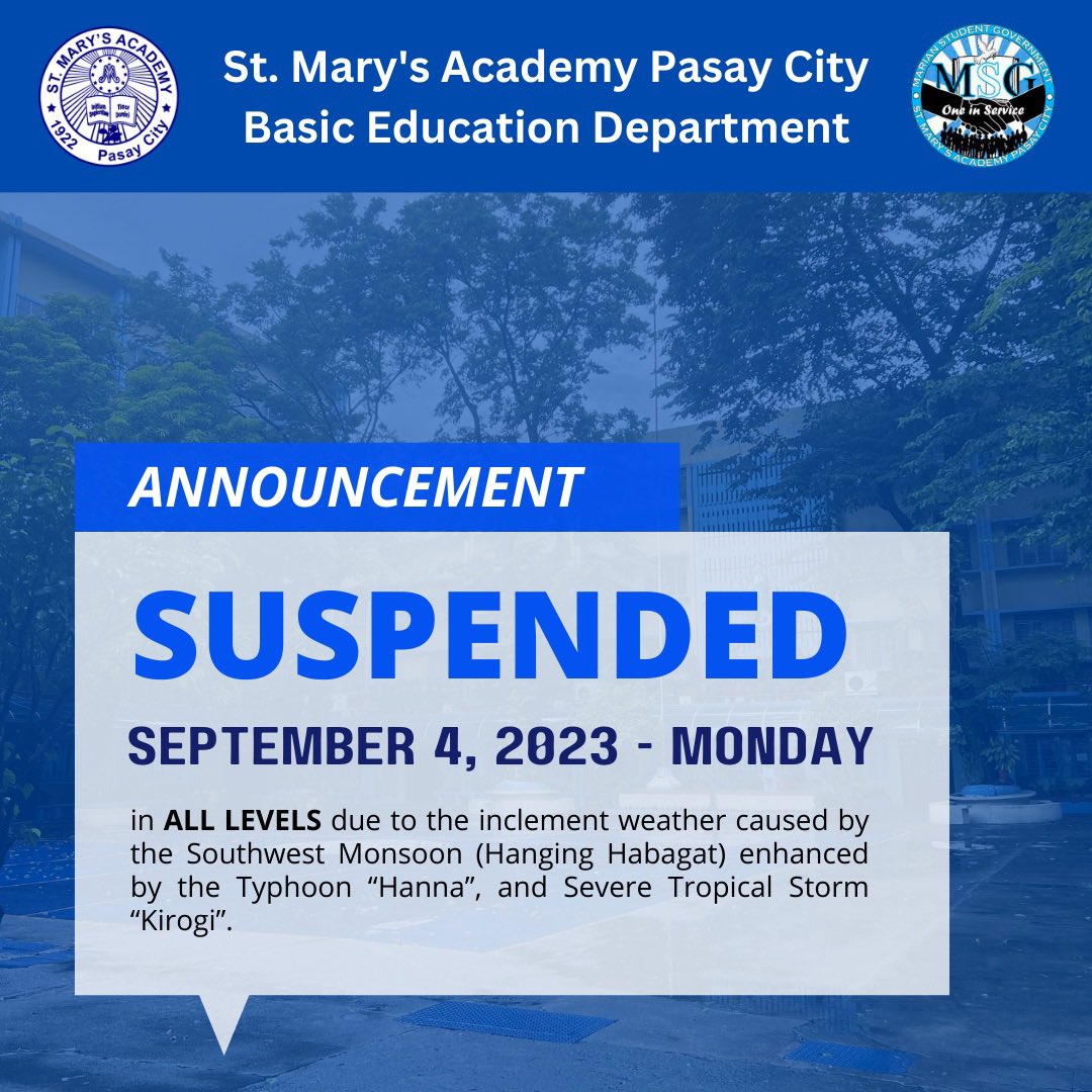 msg_smapasay's tweet photo. ‼️ CALLING ALL MARIANS ‼️

This morning, classes are once again canceled in ALL LEVELS because of continuous bad weather. 

Turn back and drive the way home. Stay safe, our fellow Marians. May this unwanted weather soon pass.💙🤍 https://t.co/egxwlac2uH