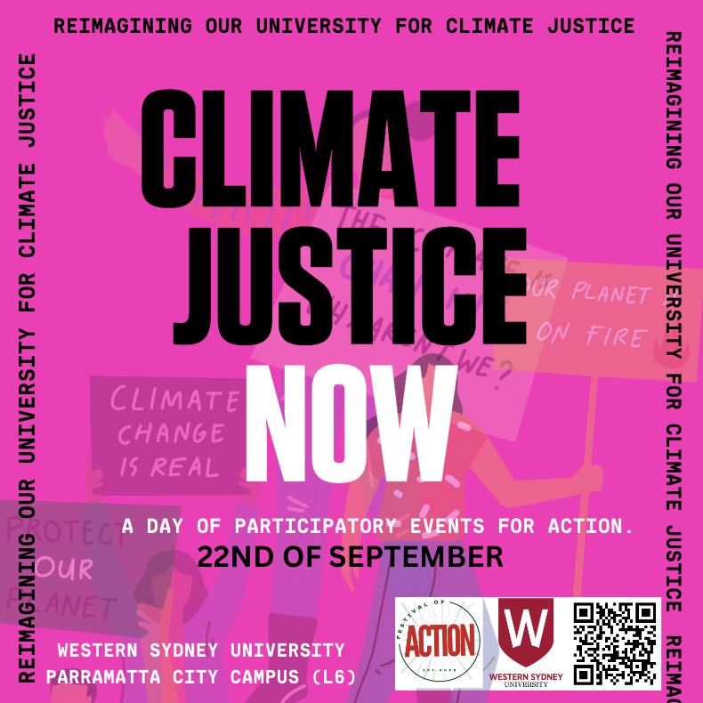 Save the date for the Festival of Action 2023, themed 'Climate Justice Now,' happening at Western Sydney University's Parramatta City campus on September 22nd. Stay tuned for updates on the awesome climate action activities we're planning! #ClimateJusticeNow #wsufestivalofaction