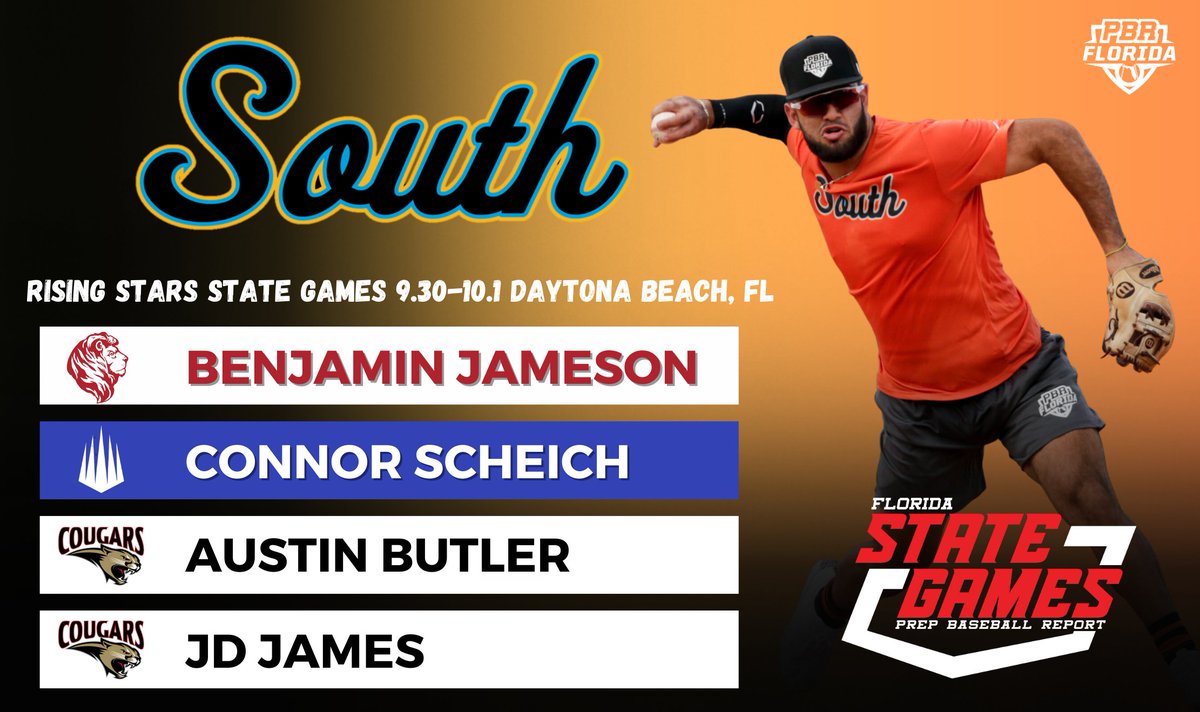 PrepBaseballFL's tweet photo. 🚨𝙎𝙀𝙇𝙀𝘾𝙏𝙄𝙊𝙉 𝙎𝙐𝙉𝘿𝘼𝙔🚨

Representing the South Region…

@BenJameson 
@c_scheich 
@AustinButler_27 
@jd_james_

Welcome to the 2023 Rising Stars State Games!

Join the roster: https://t.co/O7a9DVzL8p https://t.co/l1F1dmtpDP