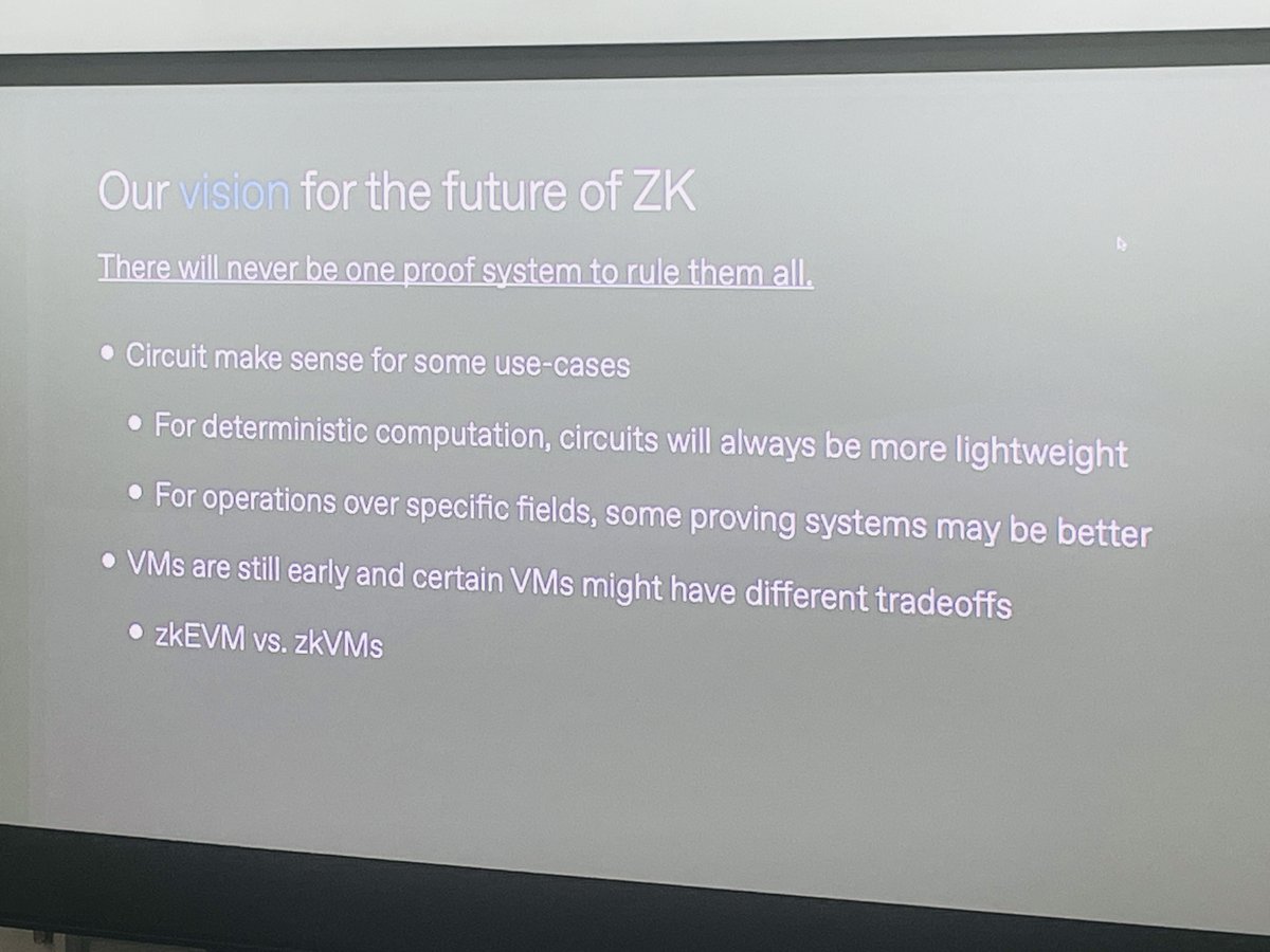 Phil_Kelly_NYC's tweet image. I also liked this slide at #SBC2023 BASS pre-conference from @jtguibas / @SuccinctLabs, for discussion.   We focused early on generating proofs with circuits entirely in a browser (@o1_labs /  #SnarkyJS), and now we&apos;re doing zkVM work too.  It&apos;s fascinating to see the landscape…