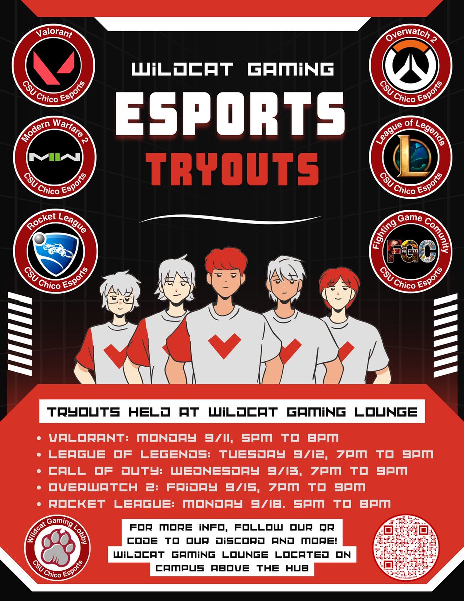 csucgaming's tweet photo. Hey wildcats!
We hope the start of fall 2023 is treating you all well. We have received many inquiries about our esports teams on campus, so here you have it!
Here are our tryout dates for this semesters esports teams being held at the gaming lobby on the 2nd floor of the Hub! https://t.co/Y15gQzDgFg