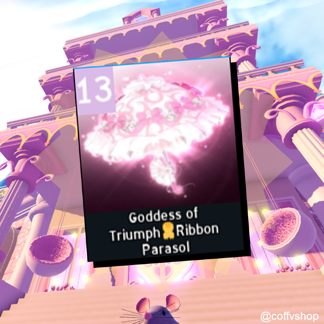 #ROYALEHIGH GIVEAWAY  

🏅Goddess of Triumph Parasol 

 how to win:  
- wear sewer rat more often (toggle 2) 
- reply with a picture of you in royale high
- be nice to your friends 

good luck <3