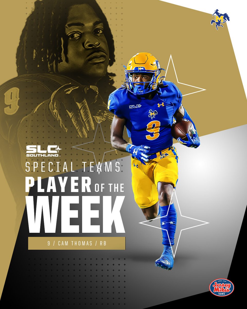 Southland Conference (@southlandsports) on Twitter photo 🏈 Congratulations to this week's <a href="/jerseymikes/">Jersey Mike's Subs</a>
Southland Football Players of the Week!
Offensive - Champ Dozier, HCU
Defensive - Ian Goodly, Southeastern
Special Teams - Cam Thomas, McNeese
📰 southland.website/090323fbpotw
#EarnedEveryDay 🏈 Congratulations to this week's <a href="/jerseymikes/">Jersey Mike's Subs</a>
Southland Football Players of the Week!
Offensive - Champ Dozier, HCU
Defensive - Ian Goodly, Southeastern
Special Teams - Cam Thomas, McNeese
📰 southland.website/090323fbpotw
#EarnedEveryDay