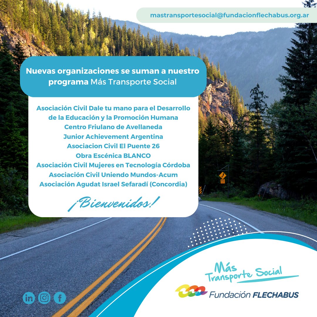 💙Nuevas Organizaciones se suman a Más Transporte Social  ¡BIENVENIDAS!  Seguimos acompañando a las organizaciones sociales con el 40% de descuento en sus viajes en todo el territorio argentino. Si querés sumarte al programa:📧 mastransportesocial@fundacionflechabus.org.ar