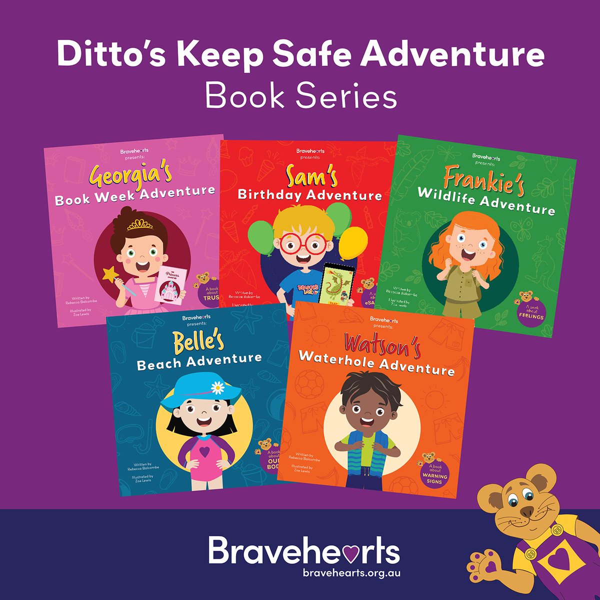 BraveheartsInc's tweet image. To celebrate #NationalChildProtectionWeek, Bravehearts is excited to launch our Ditto’s Keep Safe Adventure Book Series! Explores vital #personalsafety topics across 5 books: feelings, warning signs, body parts eSafety, and trust. Avail. for pre-order NOW: bit.ly/3L4xfj9