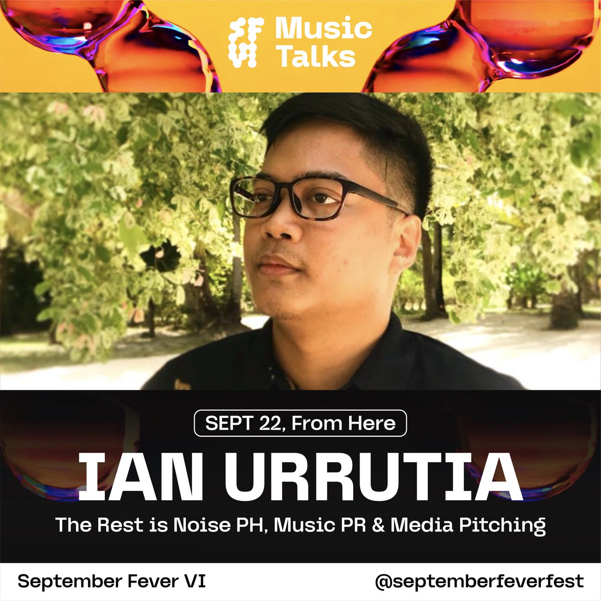 SeptFvrFest's tweet photo. We're super excited to announce our first speaker for Music Talks! 🎵🗣

Ian Urrutia, co-founder of NYOU CONSULTANCY, a music and entertainment PR agency, spearheads publicity campaigns for Sony Music Entertainment's top talents, including SB19, Ben&amp;Ben, Clara Benin, and more. https://t.co/PKgyyPkI4p
