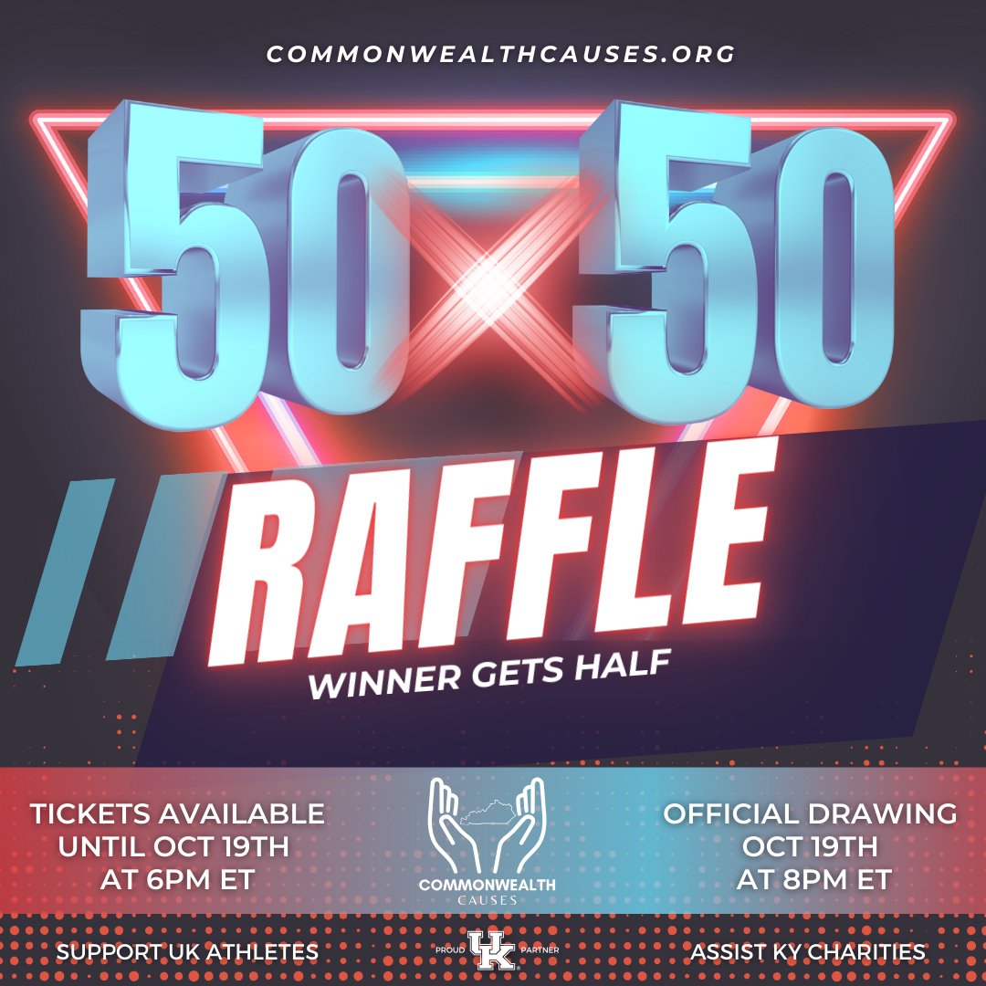 KYCauses's tweet photo. 🚨The Commonwealth 50/50 raffle is LIVE! 🔵⚪️  Winner gets half the pot!  Raffle ends on October 19th at 6pm ET.  Support our @UKAthletics athletes and KY charities. Visit https://t.co/M8kAQjbLdG to purchase your tickets today! Go Big Blue!  #fiftyfifty #BBN #NIL #kycauses #UK https://t.co/ZIAtscnIuu