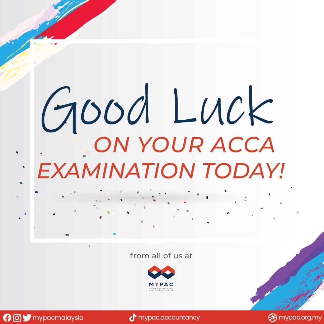 mypacmalaysia's tweet photo. Today is the day! MyPAC would like to wish all the best to scholars sitting for ACCA examination this week! Believe in yourself and your hard work, good luck on your exam! π€©
#ACCA #Accounting #MyPAC #ACCAMalaysia #ThinkProfessionalAcccountancyThinkMyPAC https://t.co/sKGVWibp4I