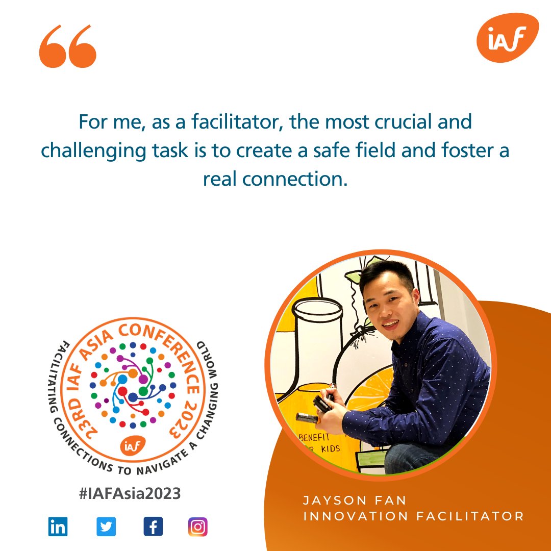 iaf_asia's tweet photo. #facilitationquote
For me, as a facilitator, the most crucial and challenging task is to create a safe field and foster a real connection. - Jayson Fan
What are some of your most crucial and challenging tasks, as a facilitator?
Connect with us: conference@iaf-india.org https://t.co/G2HJkYW3z9