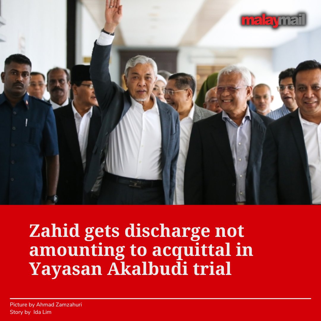 malaymail's tweet photo. The High Court today declined to grant a full acquittal to Deputy Prime Minister Datuk Seri Ahmad Zahid Hamidi from all 47 charges in his Yayasan Akalbudi trial as asked by the defence.

Trial judge Datuk Collin Lawrence Sequerah gave the order for a a discharge not amounting to an acquittal (DNAA).after the prosecution said it would not continue the trial against Zahid.

“In the premises, and for the reasons given, this court makes an order for discharge not amounting to acquittal,” the judge said in delivering his decision.

Deputy public prosecutor Datuk Mohd Dusuki Mokhtar had applied for the DNAA when the trial resumed this morning, but the defence led by Datuk Hisyam Teh had pushed the court for a full acquittal instead.

A DNAA means an accused person can face trial for the same charges in the future if the prosecution decides to reinstate them.

This comes after Zahid's lawyers' August 24 statement, which had urged Attorney-General Tan Sri Idrus Harun to speed up his decision on Zahid's application to have all 47 charges reviewed. Idrus's contract as AG ends tomorrow, with Solicitor General Datuk Ahmad Terrirudin Mohd Salleh to succeed him as AG this Wednesday.

On December 8, 2022 and January 25 this year, Zahid's lawyers had sent representation letters along with documents numbering over 200 pages to the prosecution to ask the attorney-general to review the 47 charges against him.

The defence had claimed that there was “new evidence” in Zahid's case, and that the investigation against him was “defective” due to the short four-month investigation period because of the alleged haste to charge him.

The defence also claimed that the prosecution against Zahid was political in nature.

Zahid, who is also Umno president and Barisan Nasional chairman, was facing 47 charges including for the dishonest misappropriation of his charitable foundation Yayasan Akalbudi.

The 47 charges are namely, 12 counts of criminal breach of trust in relation to over RM31 million of Yayasan Akalbudi’s funds, 27 counts of money laundering, and eight counts of bribery charges of over RM21.25 million in alleged bribes.

Yayasan Akalbudi was founded with the purported objectives of receiving and administering funds for the eradication of poverty and enhancing the welfare of the poor.

Zahid's trial began on November 18, 2019, and about 116 days of hearing have taken place since then.

After 99 prosecution witnesses testified in the trial, the High Court on January 24, 2022 ordered Zahid to enter defence on all 47 charges.

So far, Zahid and 14 other defence witnesses have testified, with his lawyers indicating last month of plans to call another 17 more defence witnesses.

The trial was initially scheduled to continue today.

The other hearing dates scheduled for the trial are September 5 to 7, October 31, November 1, November 17, November 20 to 24, November 27 to 29, December 4 to 7 and December 11 to 15.

#Malaysia #Trending #News #ZahidHamidi