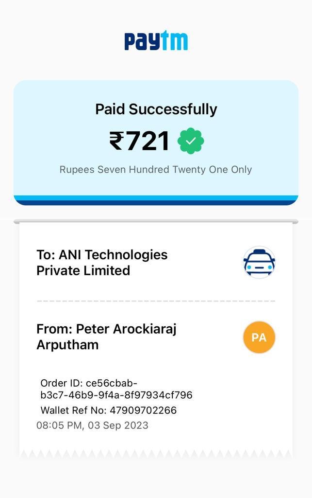 peterarockiaraj's tweet photo. @Ola_Bangalore @Olacabs @Paytm  Dear Ola, sterday I Booked a cab for relative and I chose Paytm.After reaching the dest,the driver asked to pay money and informed her n't received payment thru ola.She paid again. Find the ss.Can u help get refund. No option to get refund from app https://t.co/Z1bXIi7Qau