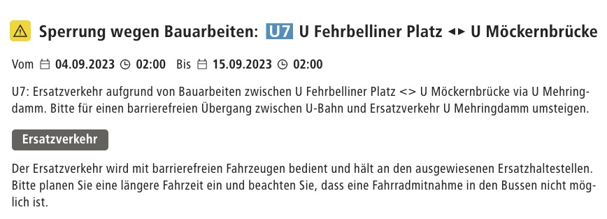 ⚠️#U7 ab heute zw. Fehrbelliner Platz und Möckernbrücke unterbrochen. bvg.de/de/verbindunge…?