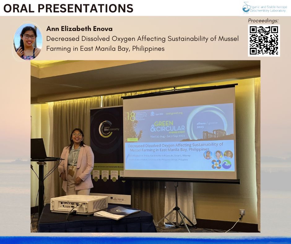 OASISGeochemLab's tweet photo. Dr. Jaraula delivered a talk titled "Evaluation of physico-chemical factors affecting Wastewater-Based Epidemiology of SARS-CoV-2." 🦠🧪 

Ms. Enova (@EliseEnova) presented on "Decreased Dissolved Oxygen Affecting Sustainability of Mussel Farming." 🐚🌊 
#CEST2023 https://t.co/4G7EWA50yM