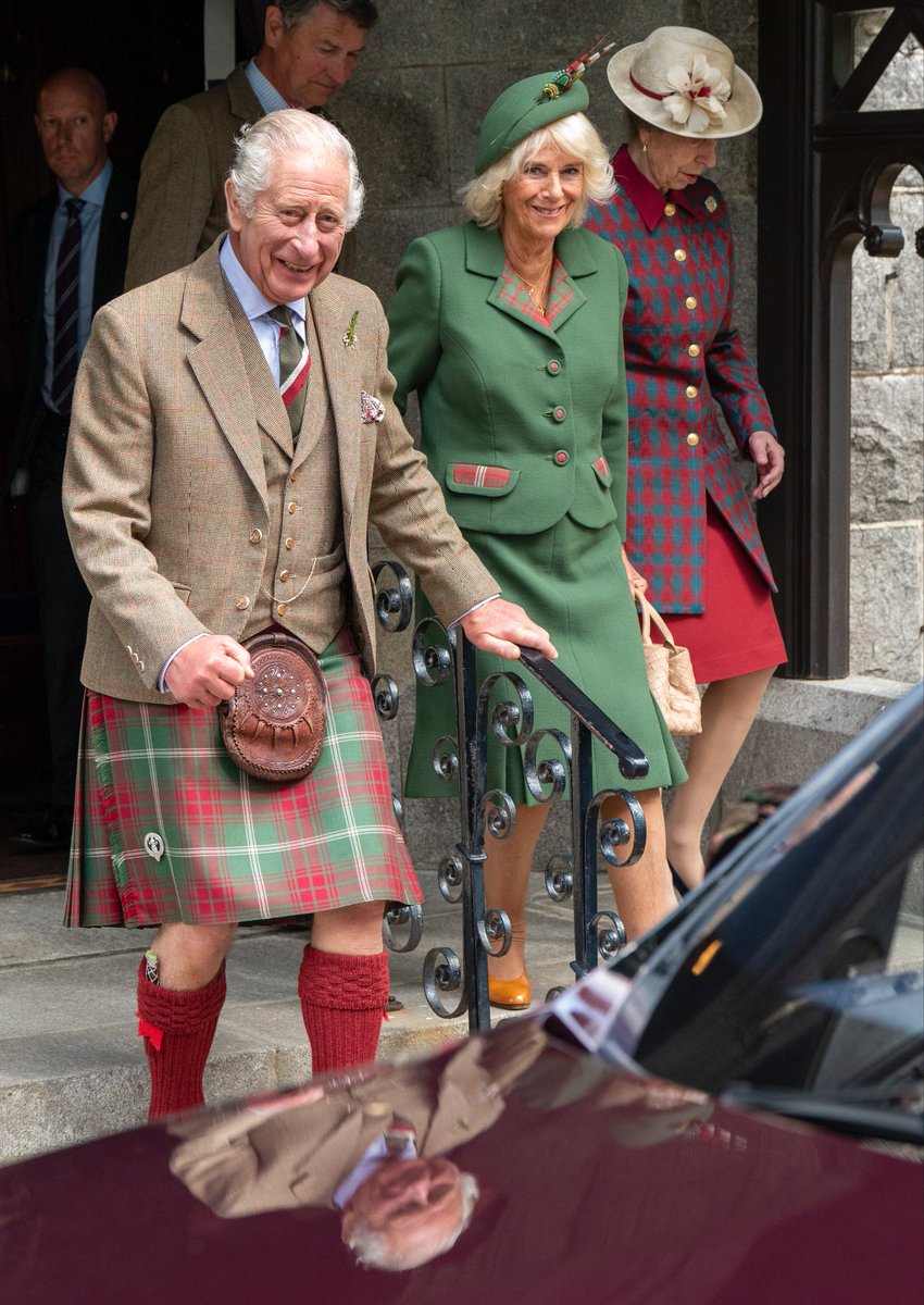 HMs The King and Queen and HRH The Princess Royal leave Craithie church after the Sunday service