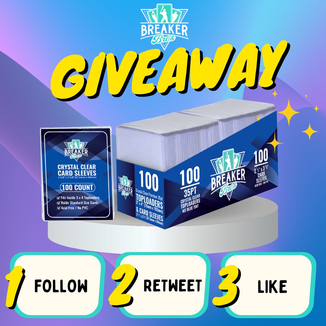 Breaker_Bros's tweet photo. 🚨GIVEAWAY ALERT🚨

Would you like to win a Breaker Bros 100 Crystal Clear Toploader &amp; 100 Clear Card Sleeves Bundle?

Here is how to Enter:

- Follow @Breaker_Bros 
- Retweet this post
- Like this post

Winner will be drawn 9/6/23 at 10pm EST. US shipping ONLY! Will DM winner! https://t.co/AhDV24R6EO