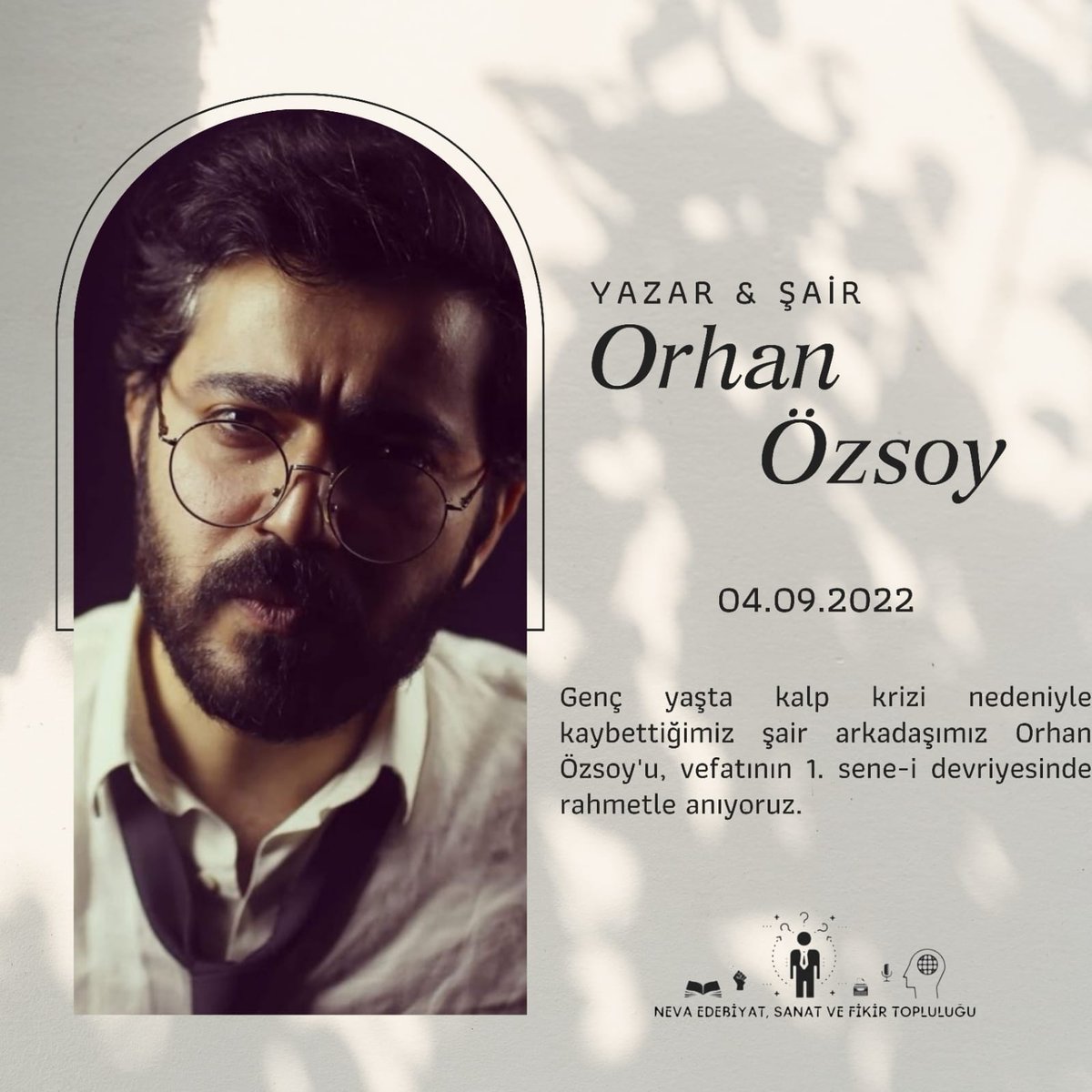 🥀 Genç yaşta kalp krizi nedeniyle kaybettiğimiz şair arkadaşımız Orhan Özsoy'u, vefatının 1. Sene-i devriyesinde rahmetle anıyoruz.

#orhanözsoy #vefat #gönülülkesi