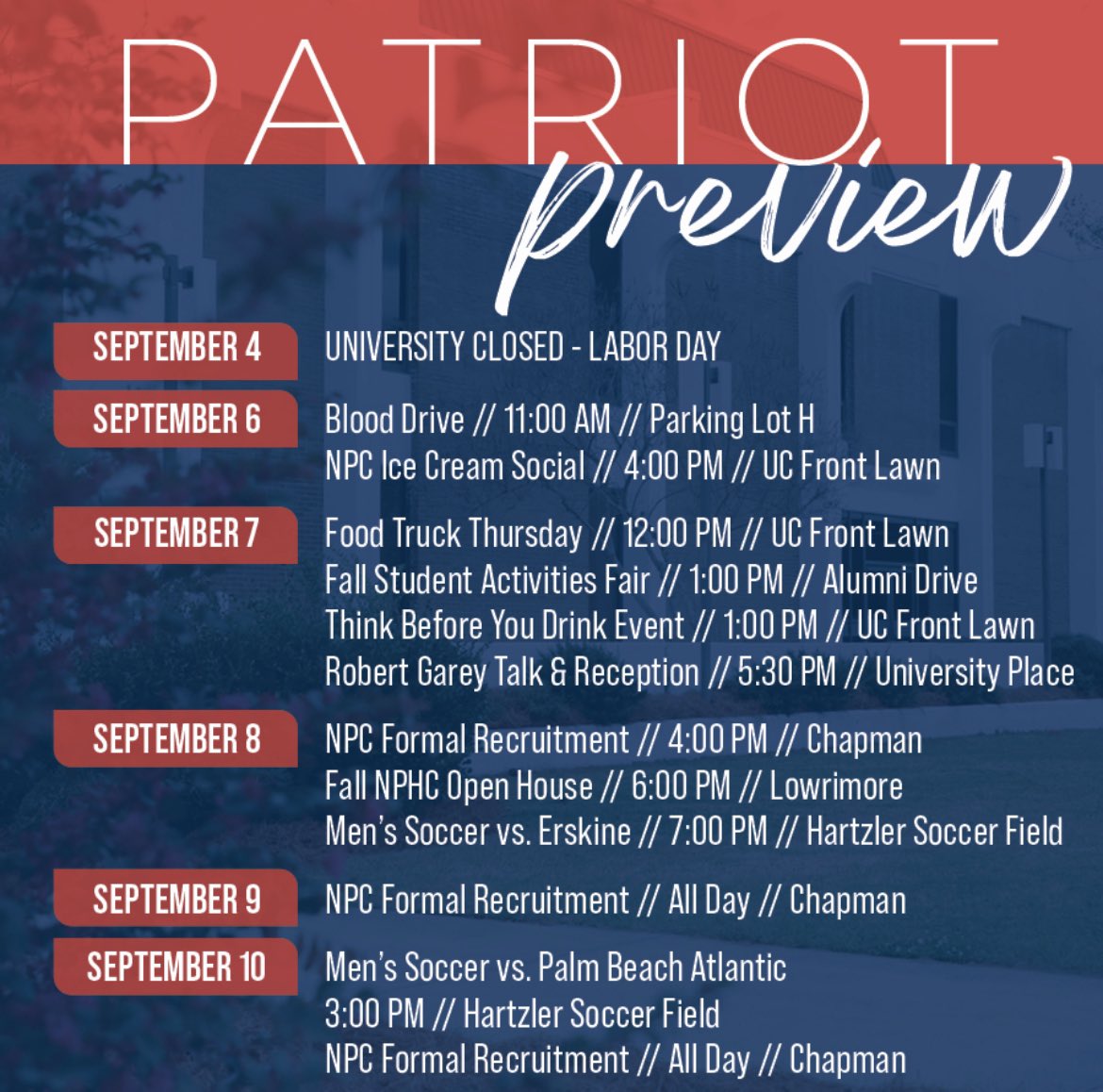 francismarionu's tweet photo. Patriot Preview | Check out the events happening on campus this week! https://t.co/rWhWTMqRc6