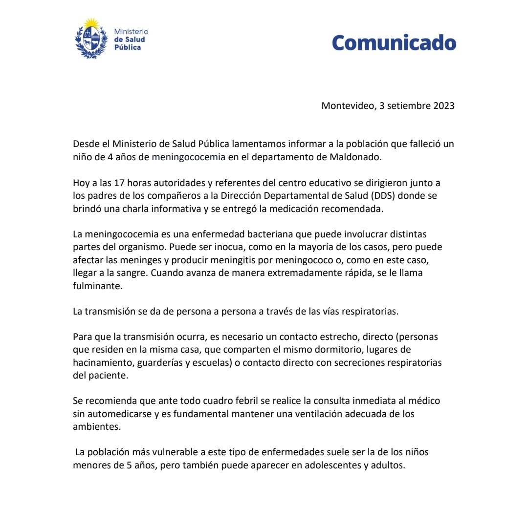 MSPUruguay's tweet photo. COMUNICADO || Desde el Ministerio de Salud Pública lamentamos informar a la población que falleció un niño de 4 años de meningococemia en el departamento de Maldonado. https://t.co/1nBURvZQUb