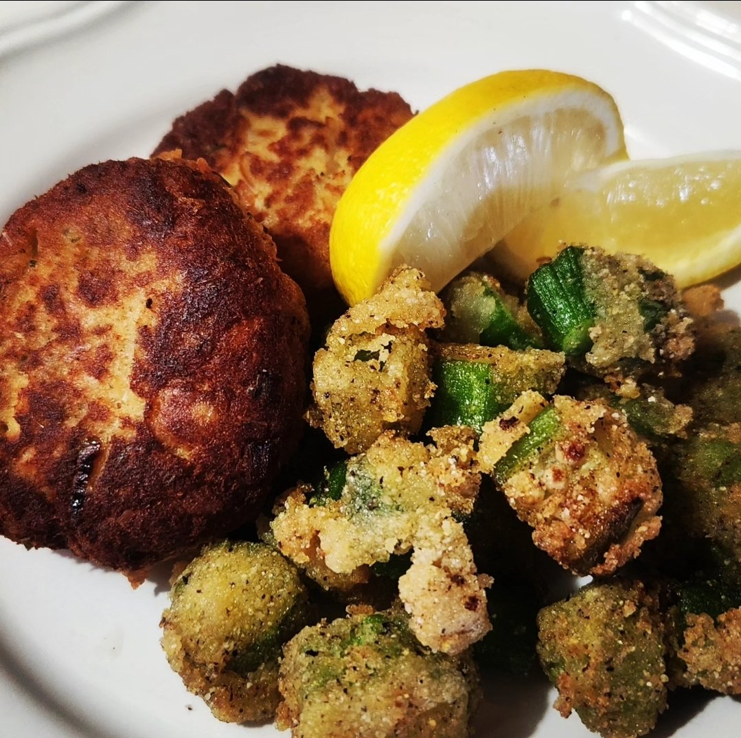 Keeping it simple tonight. Salmon patties with fried okra.