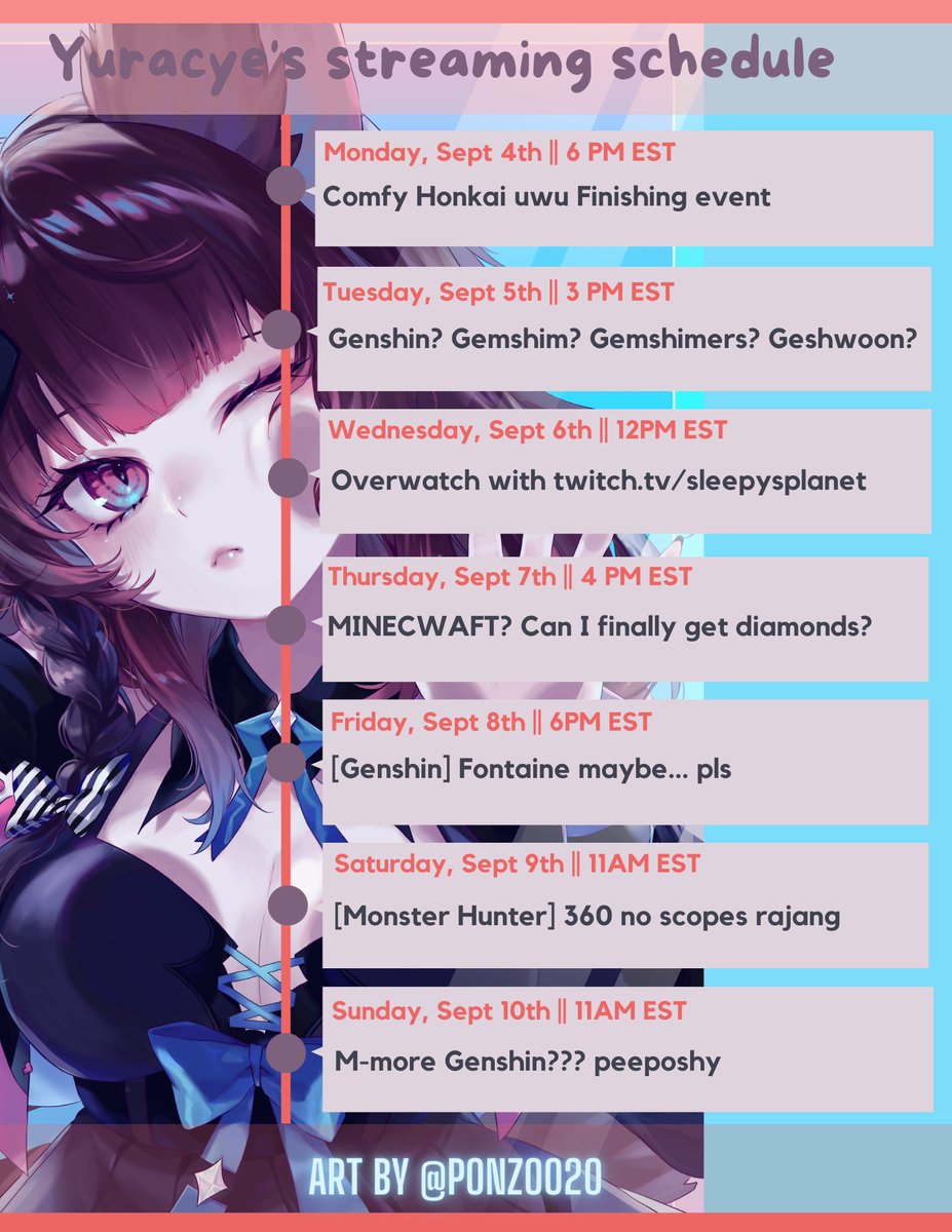 Yuracye's tweet image. Another week to be terminally online. *fingerguns*
#vtuberuprising #vtubers #streamingschedule #minecraft #genshinimpact #honkaistarail