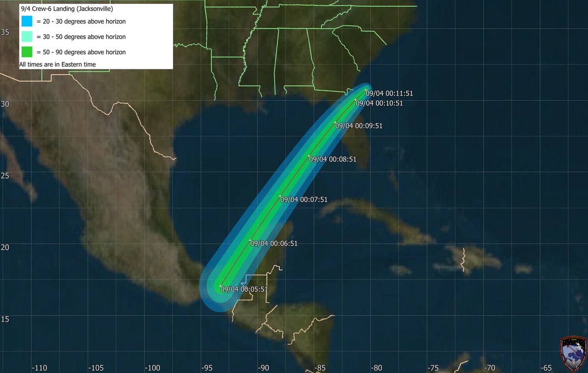 You may be able to spot @SpaceX's Dragon Endeavour spacecraft in the night sky shortly before #Crew6 splashes down off the coast of Jacksonville, Florida around 12:17am ET (0417 UTC) on Monday, Sept. 4.

Here's where (and when) Endeavour will be most visible.