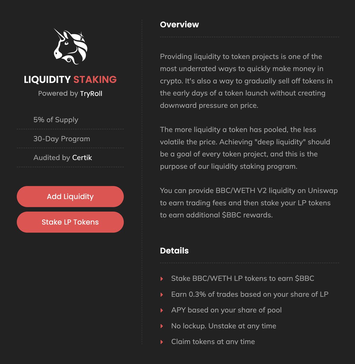 LP staking is live on <a href="/tryrollhq/">Roll Fun | Fast Token Launch</a>. 5% of supply will be distributed to $BBC/WETH stakers over the next 30 days. APY is based on your proportional share of the pool. See the Liquidity page on our official website.